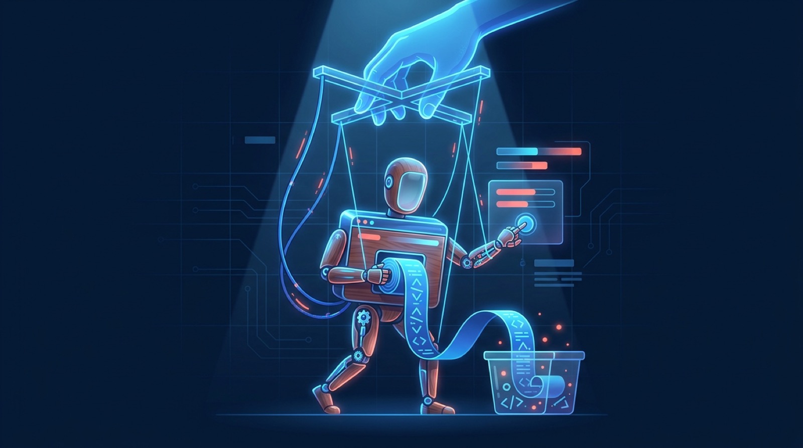 Puppeteer web scraping illustrated as a script pulling the strings of a real Chrome browser