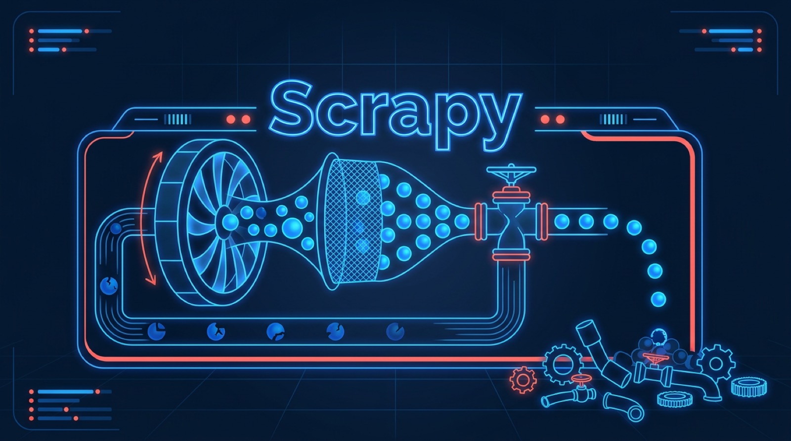 The Scrapy framework's built-in machinery: scheduler, duplicate filter, throttling, and retries