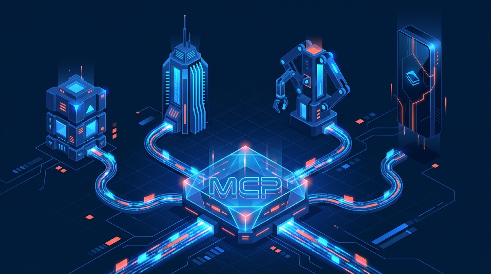 Diagram-style illustration of the MCP client/server split for web scraping, one hub driving many servers