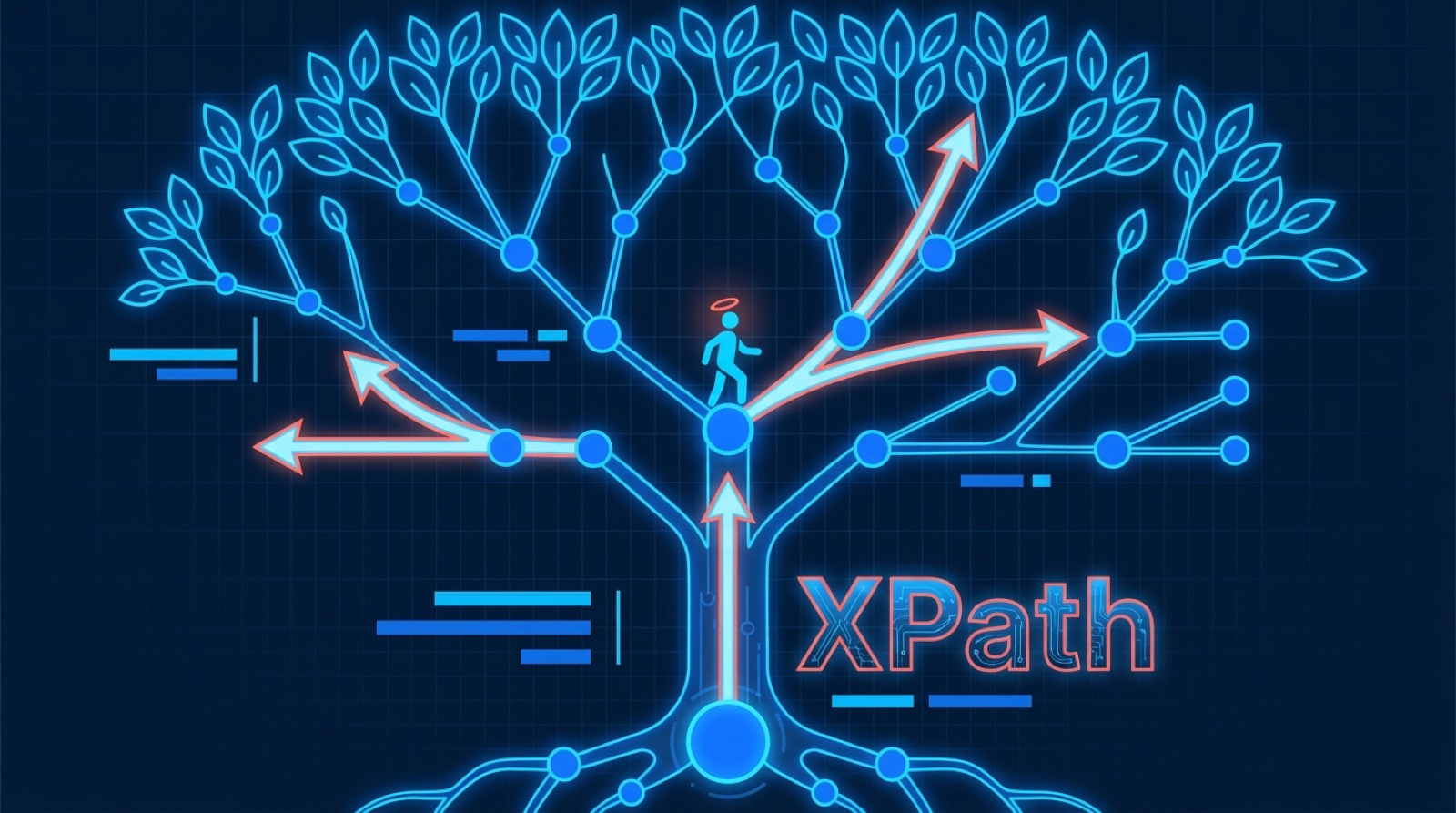 XPath axes visualized: navigating up to ancestors, sideways to siblings, and down to descendants of a node in the document tree