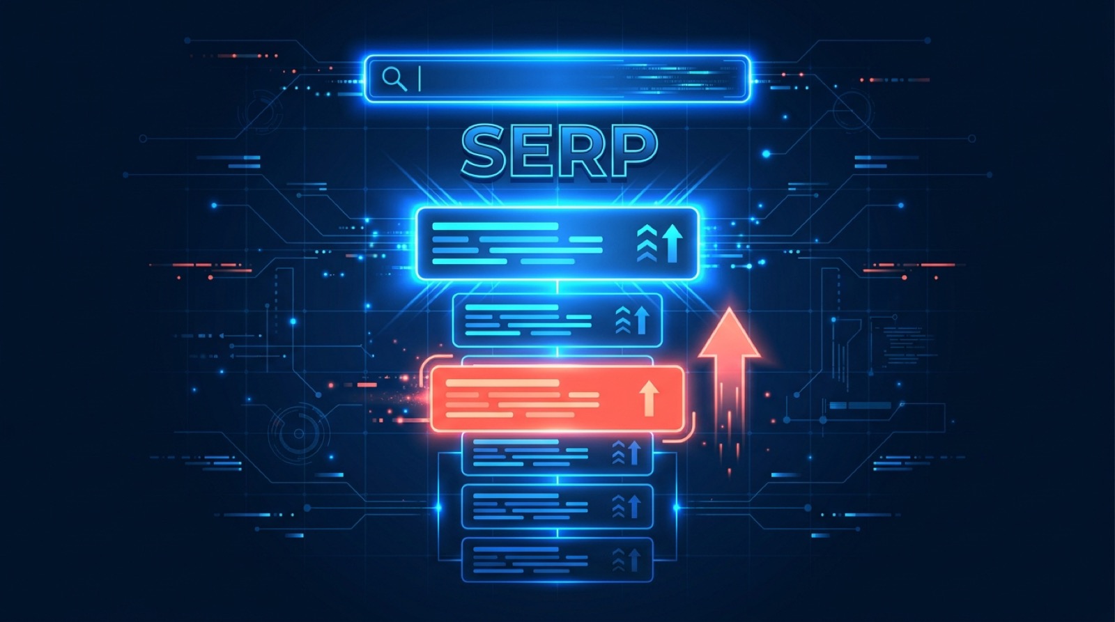 A search bar radiating a ladder of ranked SERP result cards