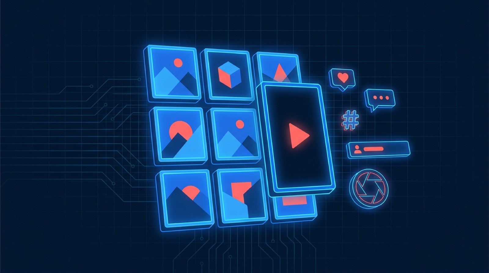 A grid of photo tiles with one reel lifted forward, shedding like, comment, hashtag and follower icons