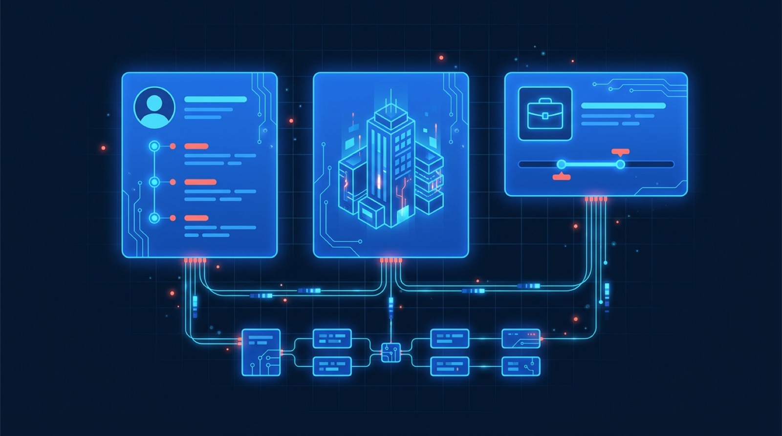 A profile card, a company tower and a job posting wired into one structured data grid